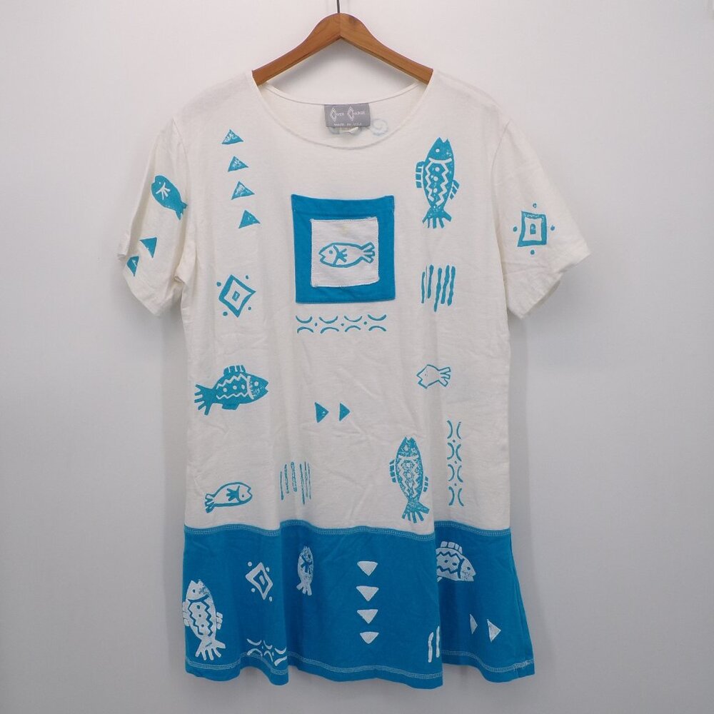 Vintage 100% Cotton Women's Cute Fish Dress. Size L. Hand Painted. Front Pocket